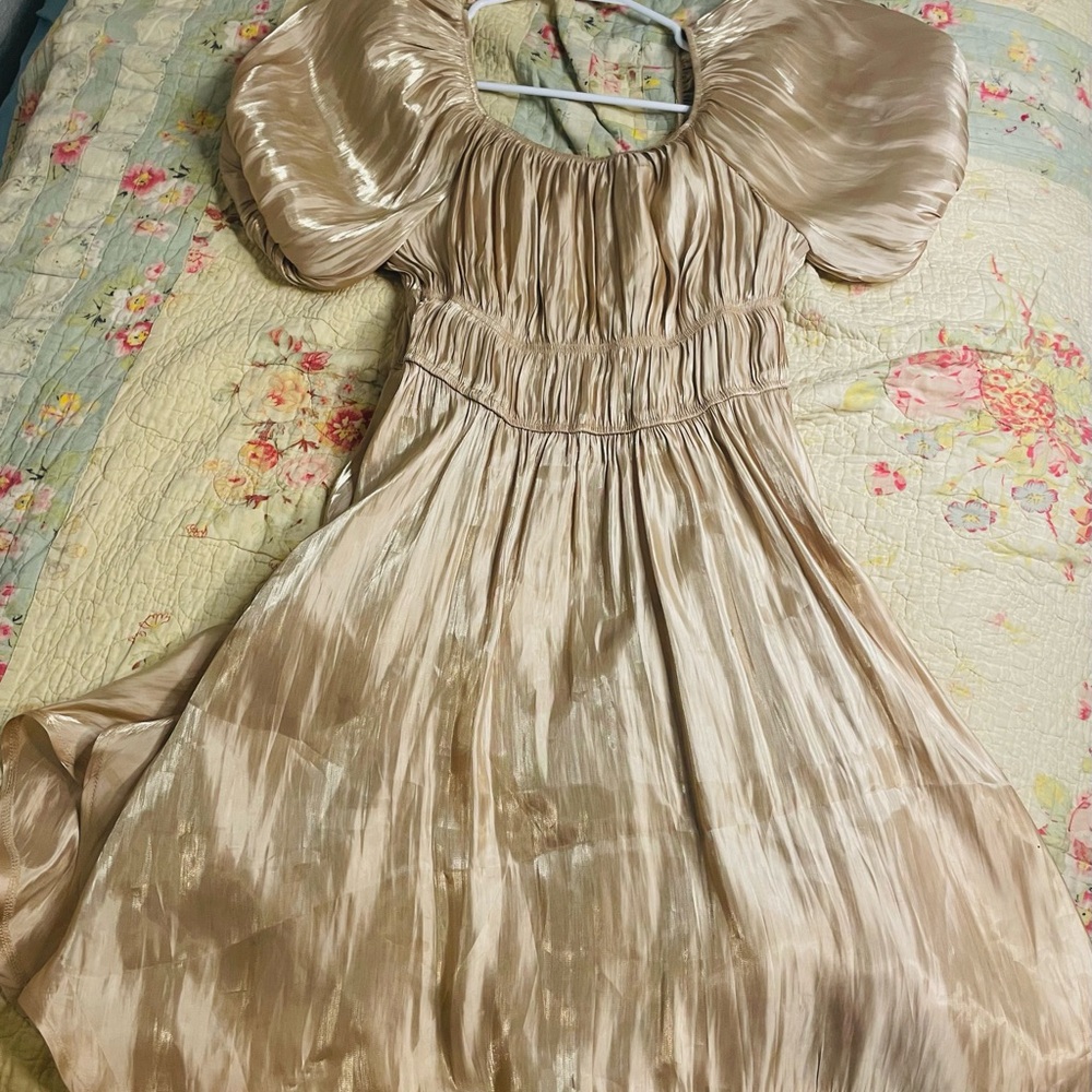 Gold Asymmetrical Smocked Sundress with Puff Sleeves